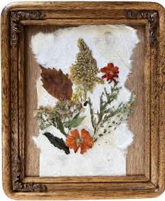 Autumn Flowers and Leaves on White Leaf Art Paper in 8"x10" Scrollwork Wood Frame