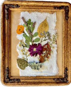 Multicolored Flowers and Leaves on White Leaf Art Paper in 8"x10" Scrollwork Wood Frame
